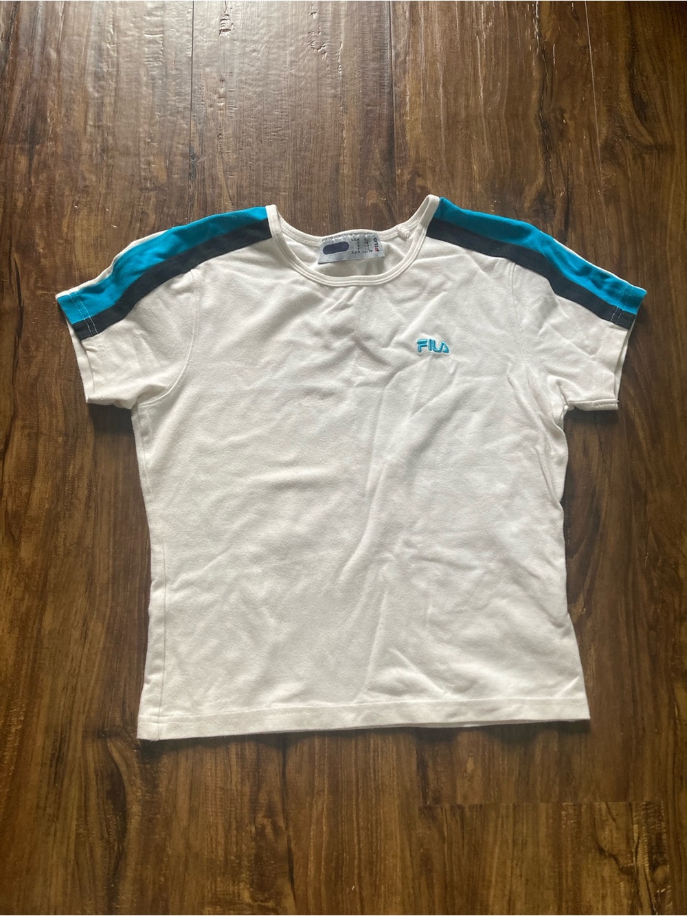 Fila White Tee with Teal and Navy Shoulder Stripes Women’s Size XS